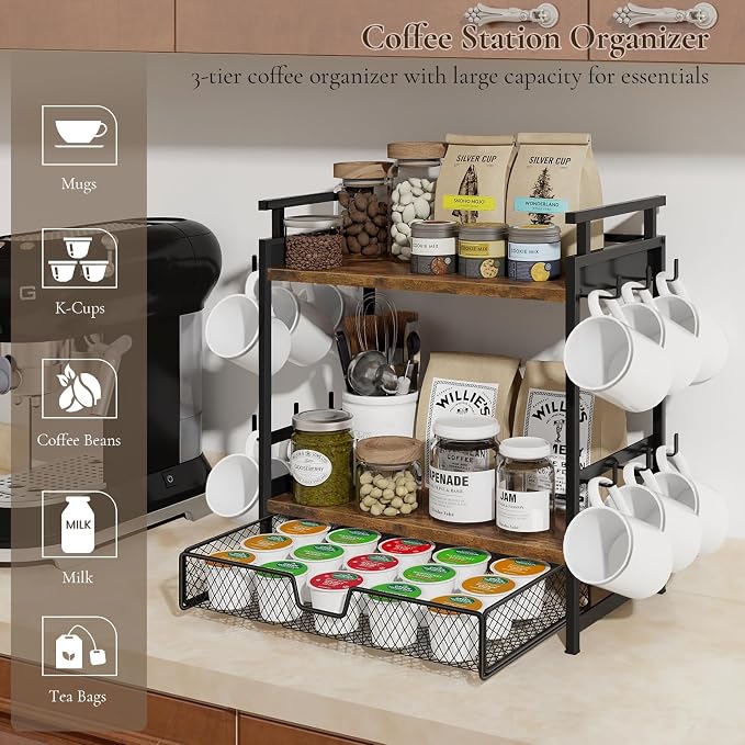 Coffee Bar Organizer for Countertop, Coffee Station Organizer | Coffee Organizer Station with Mug Holder, 3 Tier Coffee Cup Holder with Hooks and Drawer, K Cup Storage, Tea Station Stand