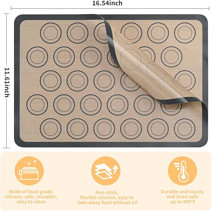 Luckyiren Macaron Silicone Baking Mats, 2 Pack Half Sheet Set, Gray/Beige | Two 16.54 x 11.62 in macaron silicone baking mats feature circles for evenly sized macarons; nonstick half sheet liners.