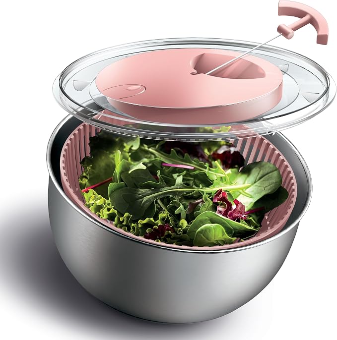 COOK WITH COLOR Stainless Steel Salad Spinner - 5 Qt. Lettuce Washer And Vegetable Spinner Dryer for Easy Salad Prep - Non Slip Base with Pull Handle - Auto Stop Brake System, Stain and Odor Resistant