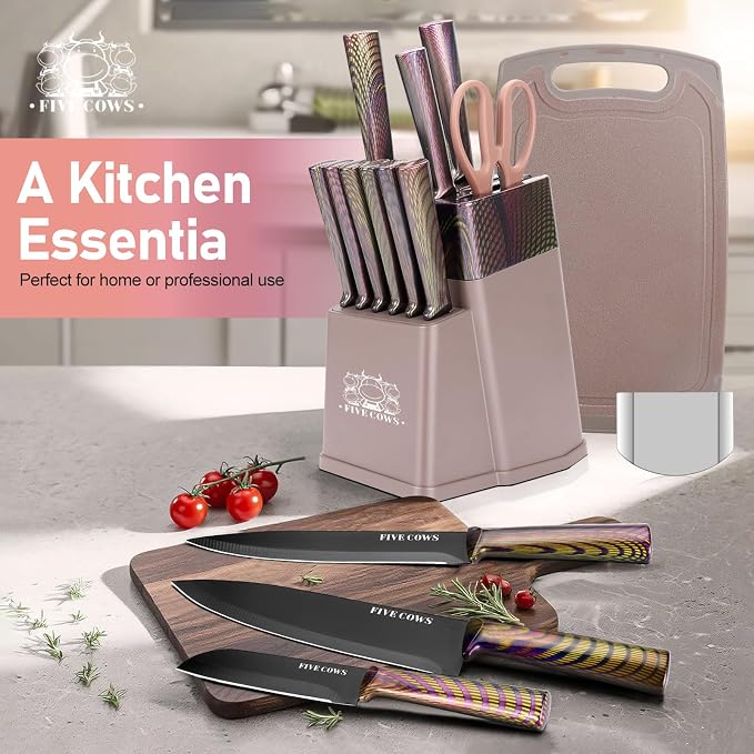 16-Piece Kitchen Knife Block Set with Cutting Board - German Stainless Steel Knives, Built-In Sharpener, Dishwasher Safe, Anti-Slip Handle - All-in-One Cutlery Set for Home/Kitchen (Pink)