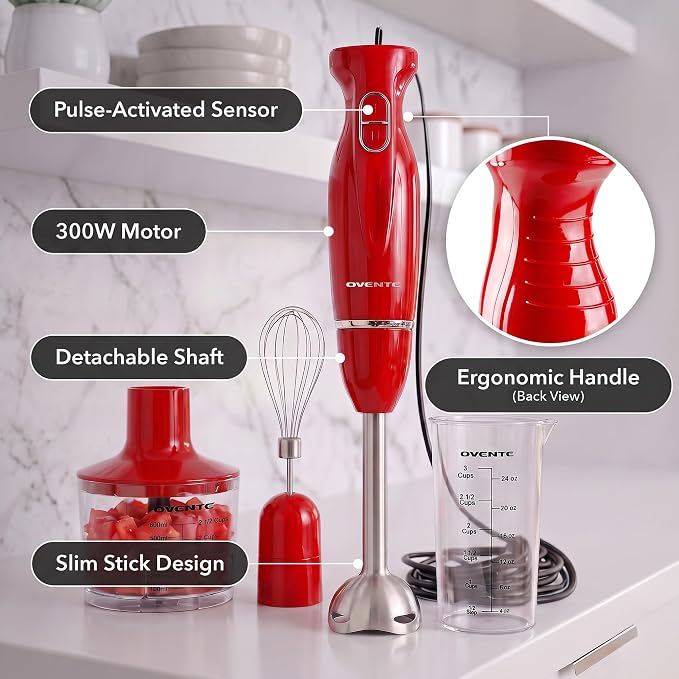 OVENTE Electric Hand Blender Set with 2 Mixing Speeds, 300W Red HS565R | Corded Immersion Handheld Stick Mixer with Stainless Steel Blades, Egg Whisk, Beaker & BPA-Free Food Chopper