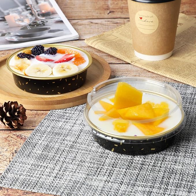 Beasea Mini Aluminum Pie Pans, 4 Inch 50 Pack Mini Pie Tins with Lids, 8 Oz Aluminum Foil Disposable Black Gold Cartoon Tart Pans Round Oven Baking Small Cake Tin for Cheesecake Quiche