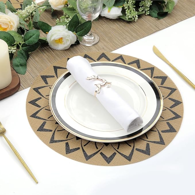 SHACOS 15 inch Round Vinly Placemats Set of 6 Boho Flower Print Place Mats Wipeable Non Slip Stain Heat Resistant Woven Table Mats Indoor Outdoor (6, Round Flower Black)