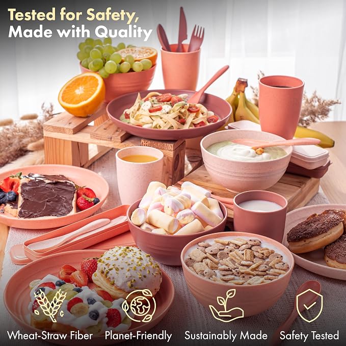 FOODLE Wheat Straw Dinnerware Set - Non-Toxic Kids Plates and Bowls Sets | BPA-Free & Safety Tested - Dishwasher, Microwave Safe Dishes - Easy to Clean - College Dorm Room Essentials for Girls - For 4