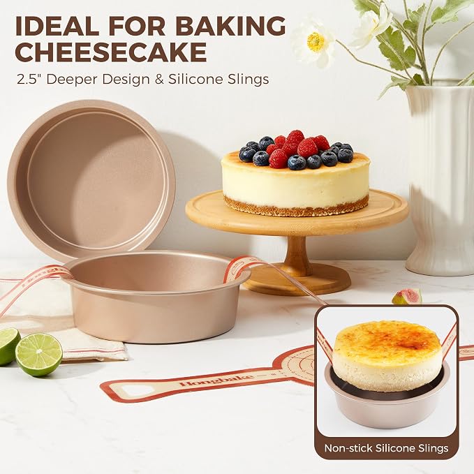 8 Inch Round Cake Pan Set for Baking with 2 Pcs Silicone Baking Sling Mats, Nonstick Circle Cake Pans Set of 2, 2.5" Deeper Layer Cake Tin for Oven, Cheesecake Mold, Huty Duty, Golden