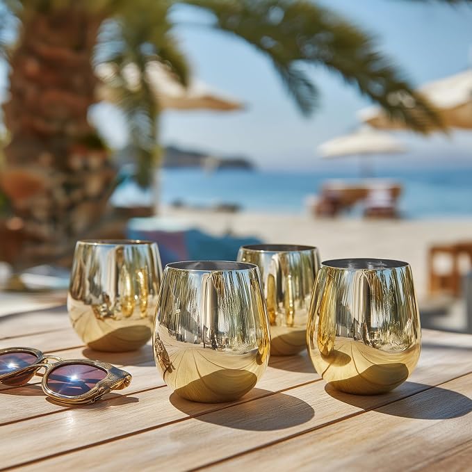 K&K Home Gold Stainless Steel Unbreakable Gold Stemless Wine Glasses - 15 oz - Set of 4 Colored, Stemless Metal Wine Glasses Perfect for Outdoors, Weddings, and Parties