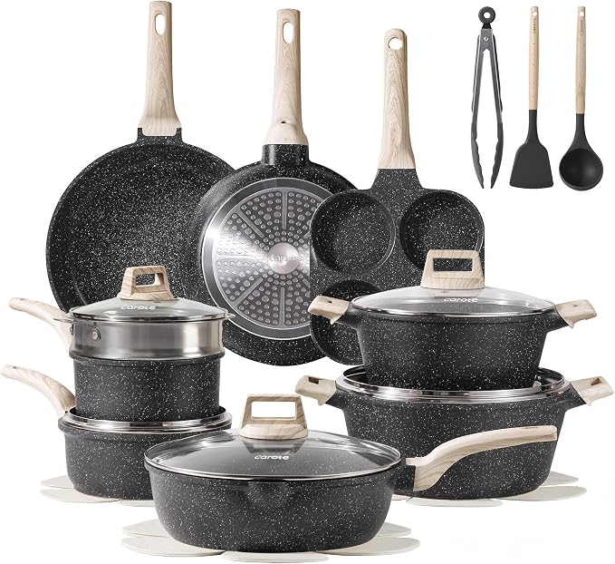 CAROTE 21pcs Nonstick Pots and Pans Set, Cookware Sets, with Egg Pan | Induction Kitchen Cooking Set, Easy Clean, Even Heating, Stay Cool Handle, Induction Compatible