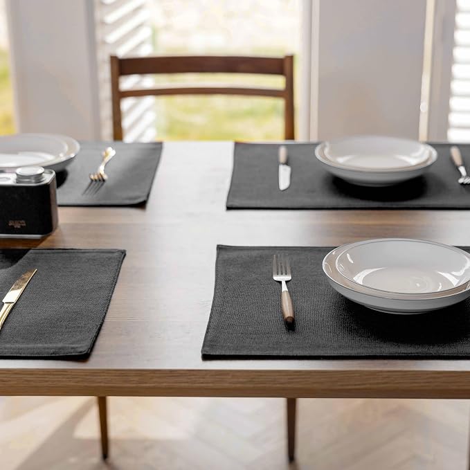 Demetex Cloth Placemats Set of 6 Black Stain Resistant Place Mats Oil Proof Washable Plate Mats for Dining Table Holiday Cafe Banquet, Black