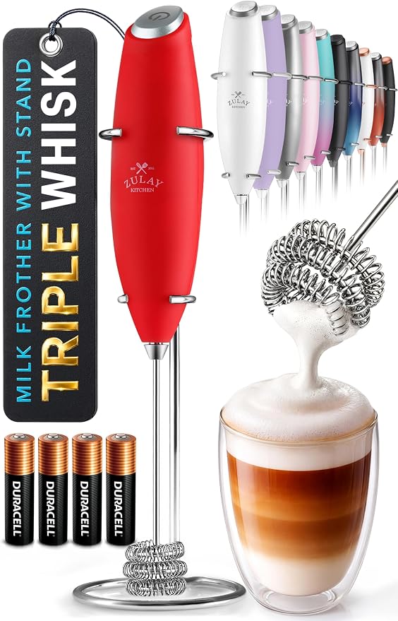 Zulay Kitchen Powerful Milk Frother Wand With Duracell Batteries - Ultra Fast Handheld Drink Mixer - Electric Whisk Foam Maker for Coffee, Lattes, Cappuccino & Matcha - Triple Whisk - Maroon Red