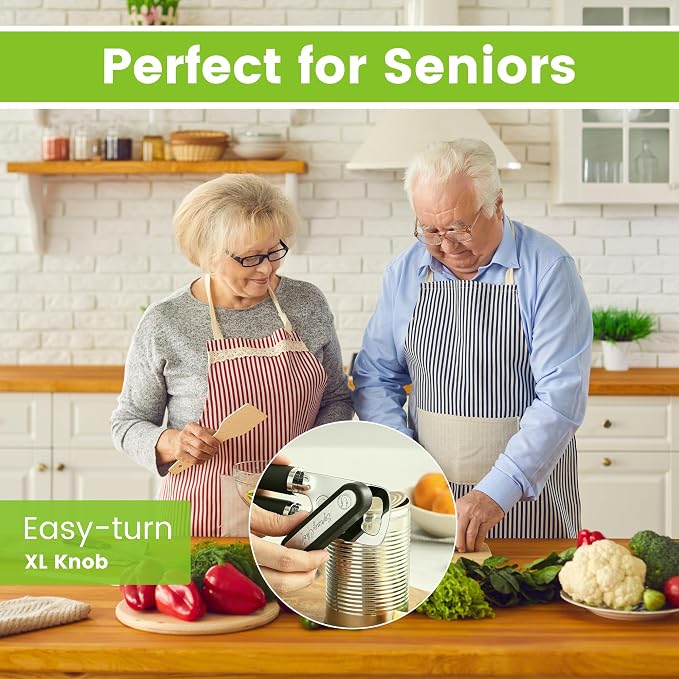 Spring Chef Stainless Steel Manual Can Opener with Soft Grip Handles, Black | Heavy Duty Hand Can Opener for Seniors with Smooth Edge, Easy Turn, 3in1 Can Opener with Magnetic Lid Remover & Bottle Opener