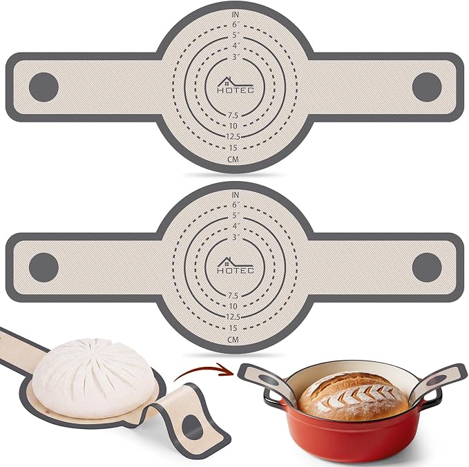 HOTEC 2 Pcs Silicone Bread Sling for Dutch Oven, 0.7MM Thickened Heat Resistant to 500°F Non-Stick Baking Mat with Long Handle Easy to Transfer Sourdough Bread, Dutch Oven Liners Baking Supplies