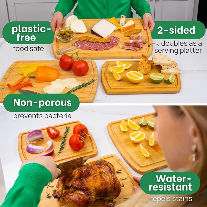 Greener Chef Luxury Wood Cutting Board 3-Piece Set with Vertical Grain Strength Technology - Extra Large Bamboo Cutting Boards for Kitchen with Deep Juice Grooves for Chopping - Lifetime Replacements