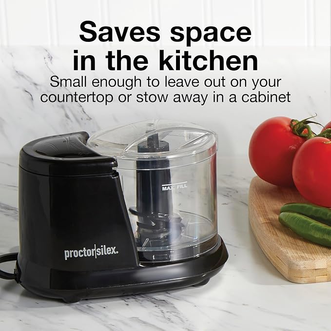 Proctor Silex Durable Electric Vegetable Chopper & Mini Food Processor | 1.5 Cup Bowl | Pulse Speed Control For Chopping, Puree & Emulsify | Stainless Steel Blades | Dishwasher Safe | Black | 72507J