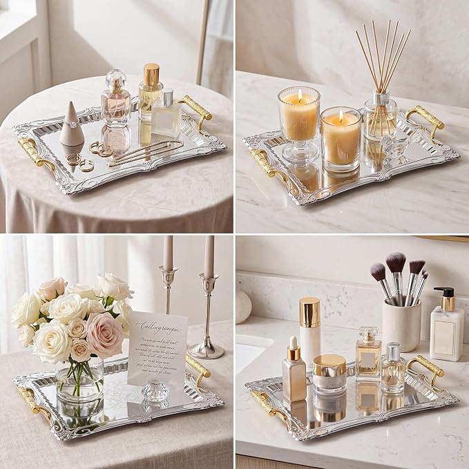 3 Pack Metal Serving Trays with Handles, Decorative Floral Platter Trays for Coffee Tea, Food, Dessert, Jewelry, for Buffet Wedding Party Kitchen Home Decor(Flower,Black, Gold)