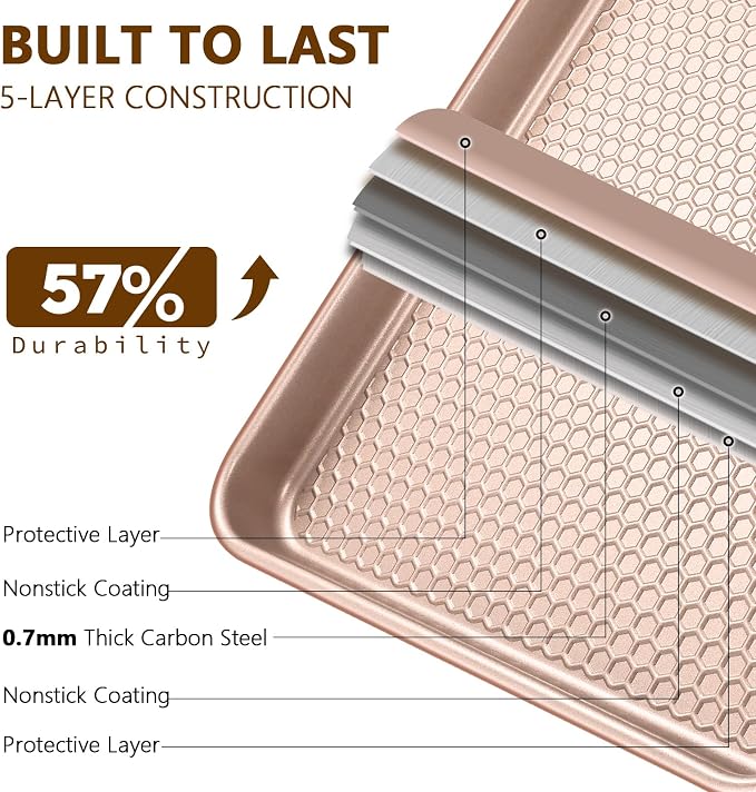 Wildone Baking Sheet Pan Set of 2, Honeycomb Embossed Nonstick Cookie Sheet | Thicker Carbon Steel Jelly Roll Pan Oven Tray 15x10 Inch, Heavy Duty & Easy Clean, Rose Gold