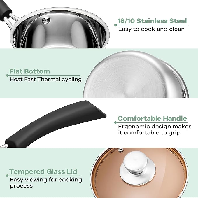 Herogo 3 Quart Saucepan, 18/10 Stainless Steel Sauce Pan Pot with Lid, 3Qt Saucepan for Gas Electric Stove Top Camping, Healthy & Rust Free
