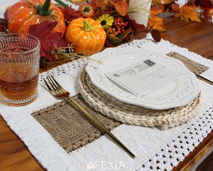 Boho Placemats Set of 4, Macrame Table Mats Farmhouse Dining Decor | 12x20" Woven Burlap Place Mat with Tassel for Kitchen and Dining Table Centerpiece Home Decorations Rustic Boho Kitchen Decor