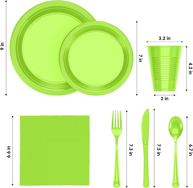 350 Pcs Lime Green Plastic Plates For Party, Lime Green Disposable Plates Set, 50 Of Each 9" Dinner Plate Set, 7" Dessert Plate, Cups, Napkins & Cutlery Plastic Dinnerware Set Exquisite