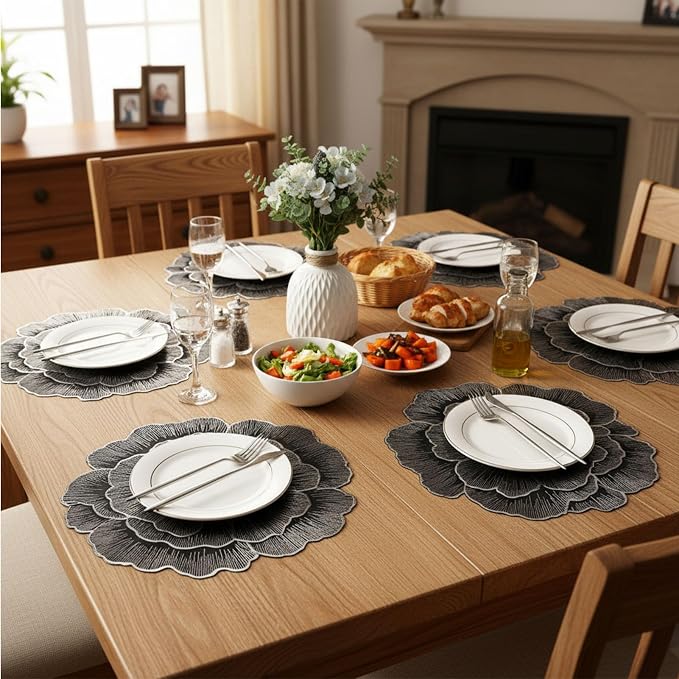 Evevda Silver Placemats Set of 6Round Floral Table Mats Bulk | Metallic Pressed Vinyl Table Place Mats for Dining Table Wedding Birthday Party Holiday Home Decoration
