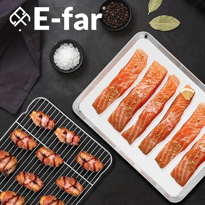 E-far Half Baking Sheet with Wire Rack, Stainless Steel 2 Pans + 2 Racks | 18 x 13 Inch Cookie Sheets Pan & Cooling Rack for Baking Cookies Cake, Non Toxic & Heavy Duty, Oven & Dishwasher Safe