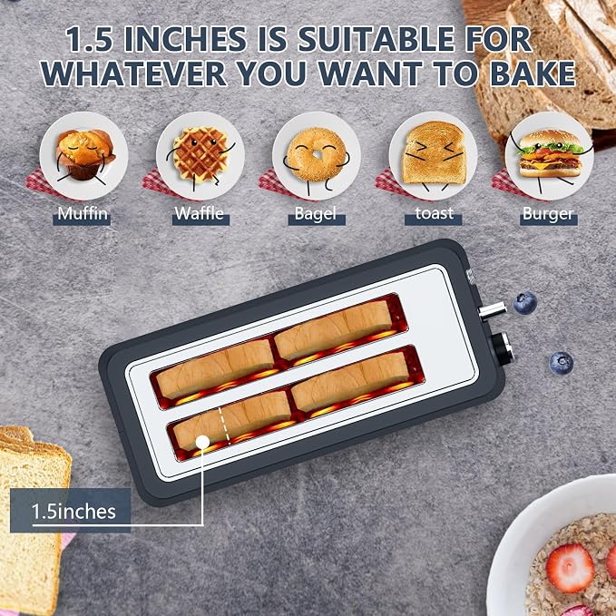 Plum chef 4-Slice Toaster, Extra Wide Long Slot Toaster, 6 Browning Settings, Bagel/Defrost/Reheat Functions, Removable Crumb Tray, Stainless Steel Housing 1350W，Black