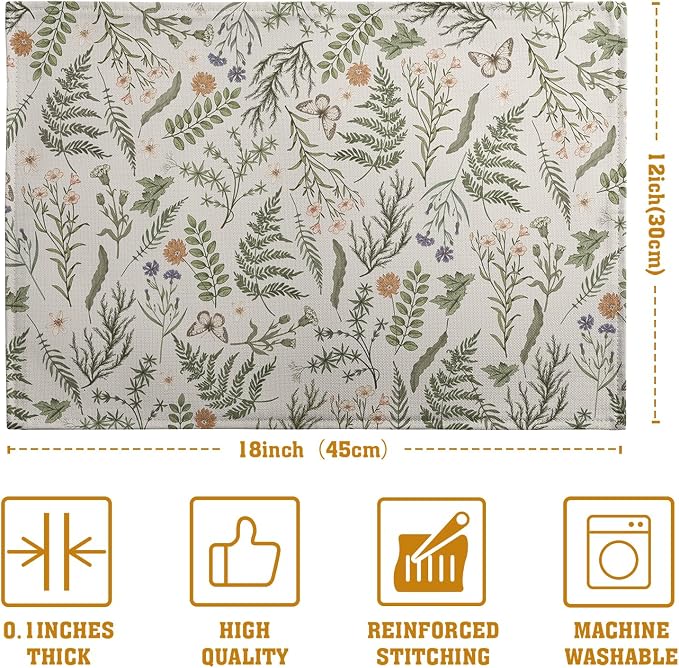 Sage Green Wild Flower Spring Summer Placemats Set of 4 Seasonal Wildflower Plants Herbs Linen Table Mats 12x18 Inch Vintage Floral Place Mats for Farmhouse Kitchen Dining Decoration