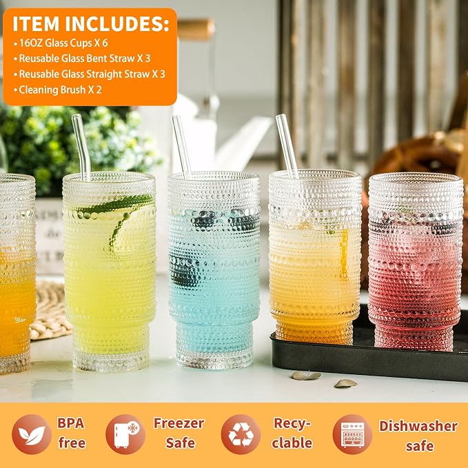 KEMORELA Vintage drinking glasses set of 6, Large 16oz Hobnail Glassware Set, Glass Cups With Straws, Romantic Hobnail Highball Glasses for Bar Beverages Ice Coffee Cocktail Mixed Drinkware