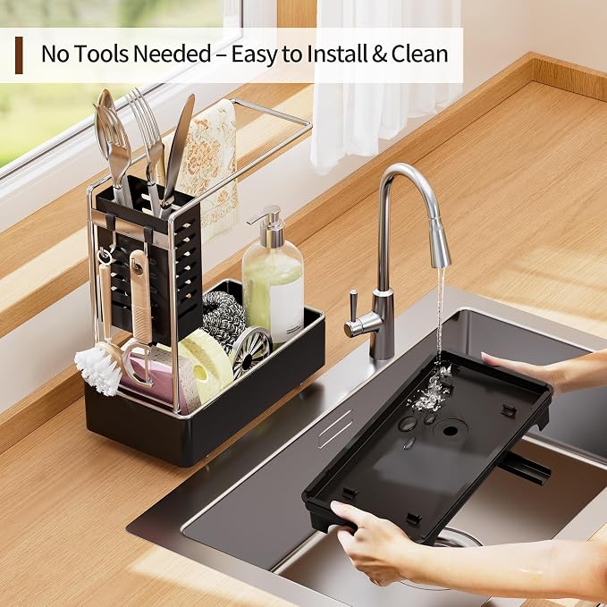 MOUKABAL 2-Tier Sponge Holder for Kitchen Sink, Sink Caddy Organizer Black | Large Capacity/Stainless Steel/Drain Holes Keep Items Dry/Holds Brush & Dishcloth/Side Hooks/Kitchen Counter Organizer