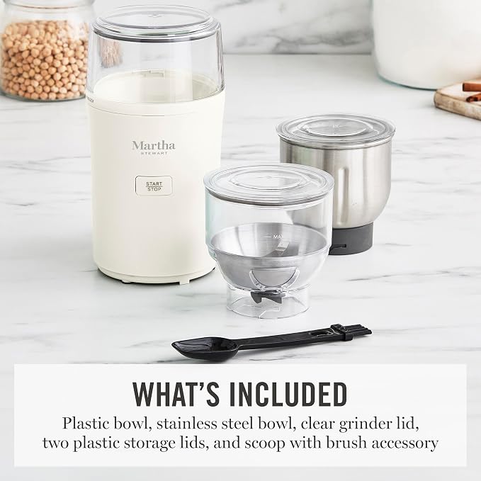 Martha Stewart Electric Coffee & Spice Grinder with Dual Bowls, Linen Cream | Dual 2.5oz Removable Bowls for Coffee Beans, Nuts, Herbs & Spices, Stainless Steel Blade, One-Touch Pulse Control, Easy Clean