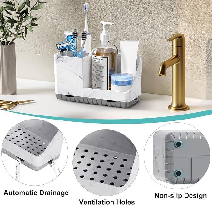 Toothbrush Holders for Bathroom Countertop Organizers (Grey Marble Grain) | Easy To Clean, Drainage, Non-Slip, Detachable Kids Electric Toothbrush Organizers for Bathroom Organizers and Storage