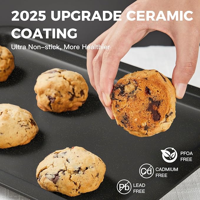 Ceramic Baking Sheet Pan Set of 3, Easy to Grab, Non-Toxic | Commercial Cookie Sheets for Oven, Nonstick Half/Jelly Roll/Quarter Baking Tray,Wider Gribs, Premium,Easy to Clean- Dark Grey