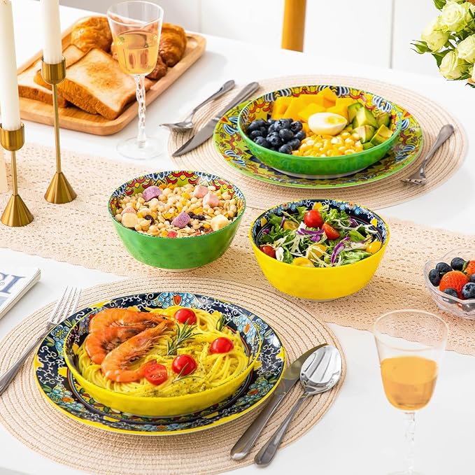 vancasso 32 Oz Pasta Bowls, Porcelain Large Colorful Salad Soup Bowls Set of 6, Pasta Serving Bowls Plates for Kitchen, Dishwasher & Microwave Safe, Series KRVI