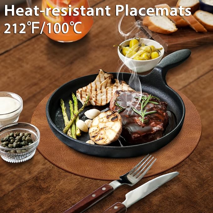 ADRIMER Placemats, Heat Resistant Round Placemats Set of 6 Washable, Waterproof Table Mats, Wipeable Faux Leather Place Mats for Kitchen, Dining Room, Turmeric Brown