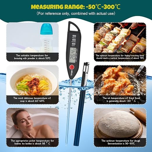 3 Set Digital Food Thermometer Long Probe Instant,Black | Waterproof for Water Liquid Candle, Instant Temperature Read for Kitchen BBQ Grill Candy Meat, Foldable Probe Thermometer