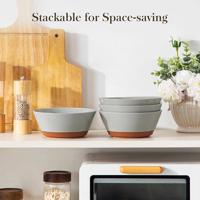 MALACASA Soup Bowls, Ceramic Salad Bowls Set of 4, 36oz Ceramic Bowls | Speckled Deep Bowls for Ramen, Cereal, Fruit and Pho, Microwave & Dishwasher Safe, Stackable, Grey & Brown, Series TARA