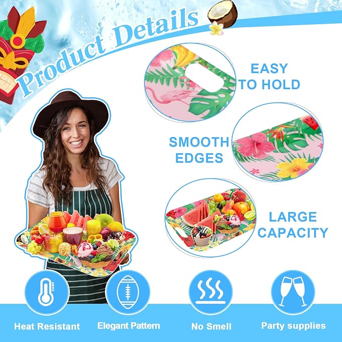 gisgfim 2PCS Summer Floral Serving Trays with Handles 16 X 11inch Large Melamine Tray Rectangular Hawaiian Luau Serving Platter Aloha Tropical Tray Melamine Dishes for Serving Food Outdoor Party Plate