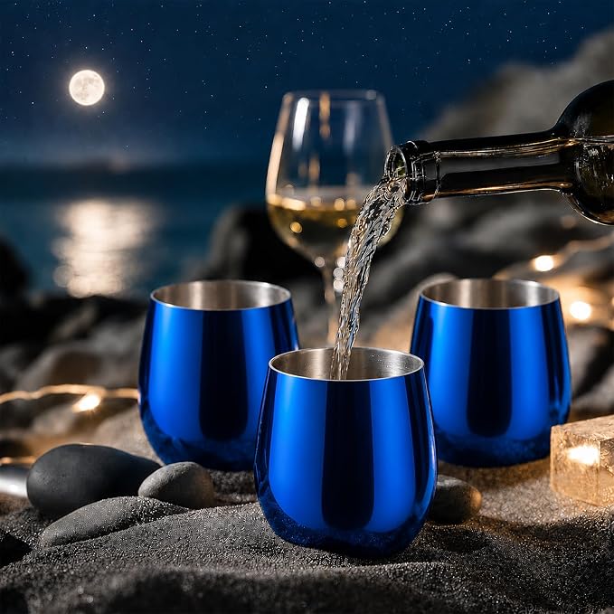 K&K Home Stainless Steel Unbreakable Stemless Wine Glasses - 15 oz - Set of 4 Colored, Stemless Metal Wine Glasses Perfect for Outdoors, Weddings, and Parties (Shiny Blue)
