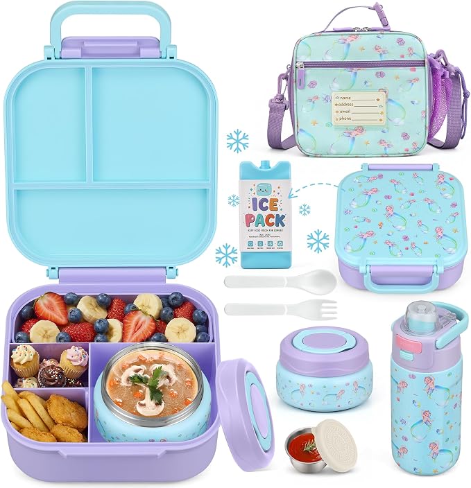 Bento Lunch Box for Kids with 7oz Soup Thermo,Insulated Stainless Steel Kids Water Bottle with Straw and Insulated Lunch Bag,Leak-Proof Lunch Food Container with Ice Pack for School(Purple-Mermaid)