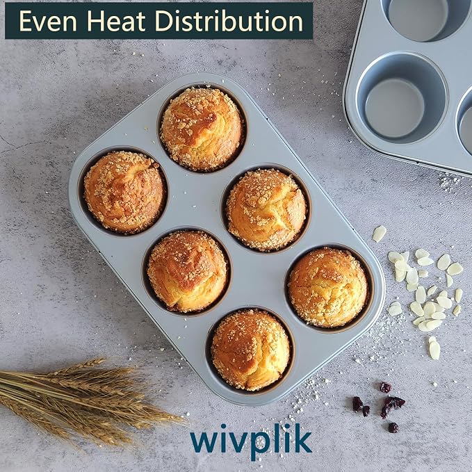 Nonstick Jumbo Muffin Pans, 2 Pack 6 Cup Extra Large Cupcake Tins | Premium Non-Toxic Non-Stick Coating, Heavy Duty Carbon Steel, 3.5 Inch Dia Deep Muffin Trays for Home Baking