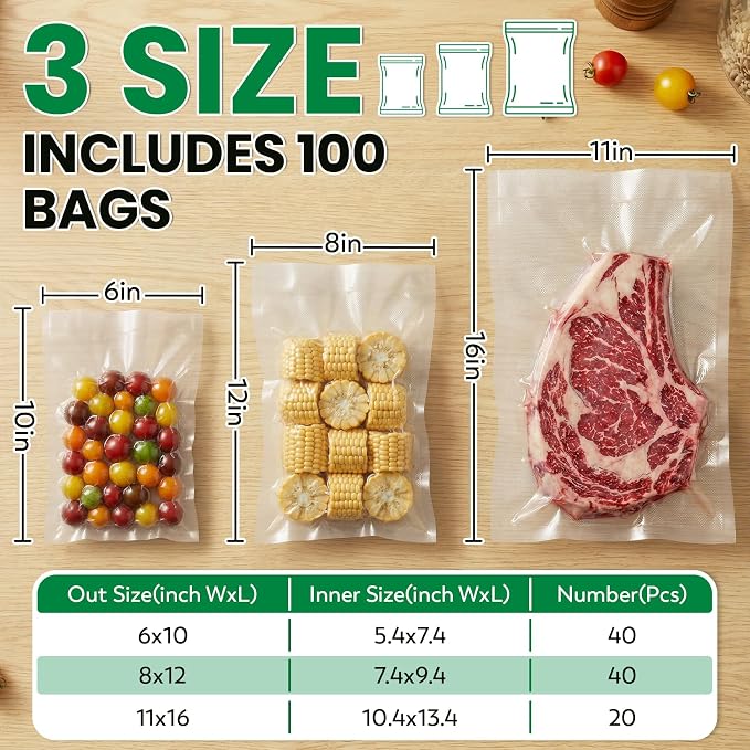 FUNFERY 100 PCS Precut Vacuum Sealer Bags for Food 11"x16"/8"x12"/6"x10" | Mixed Gallon, Quart and Pint, BPA Free Airtight Freezer Bags for Food Storage, Meal Prep, Sous Vide and Bulk Freezing