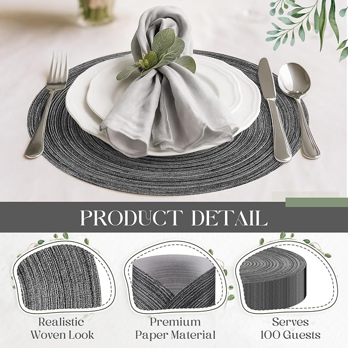 Geosar Disposable Paper Placemat Cotton Woven Look 13'',100 Pcs,Black