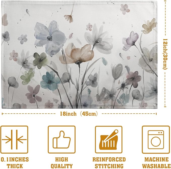 Flower Placemats Set of 4 Brown Cream Grey Poppy Flowers Table Mats Watercolor Rustic Vintage Floral Place Mat Farmhouse Linen Fabric Placemat for Party Kitchen Dining Outdoor Indoor Decor 12x18 Inch