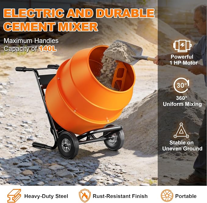 140L Electric Cement Mixer With a Bracket, 5.3 Cubic Ft. 750W 1HP Portable Concrete Mixer Machine with Stand And Wheels for Stucco, Mortar, Seeds, Orange-2026 Upgraded