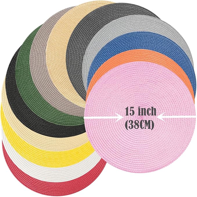 Zupro Round Pink Placemats Set of 6 Braided Non-Slip15 Indoor/Outdoor Use | Heat Resistant Washable,for Kitchen Dining Tables Four Seasons Dinner Parties Thanksgiving Christmas and Everyday Use.