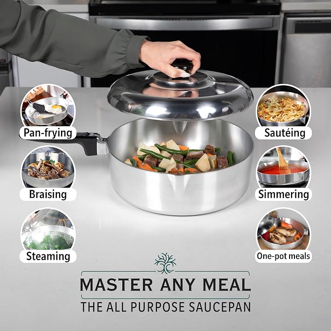 MAGNAWARE Cast Aluminum Sauté Pan with Lid 12 inch - Oven Safe Deep Frying Pan with Lid, Two Side Spouts and Ergonomic Stay-Cool Handle for Comfortable Grip and Pouring (4 Quart)