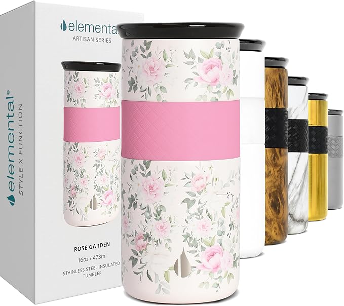 Elemental Artisan 16oz Triple-Wall Insulated Coffee Tumbler w/Ceramic Lid | Triple Wall Coffee Travel Mug, Reusable Stainless Steel Coffee Tumbler; Thermal Coffee Cups for Hot (6 Hrs) & Cold (18 Hrs)