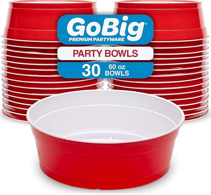 GoBig Red Party Cup Bowls - Large Disposable Plastic Bowls - 22 oz or 60 oz