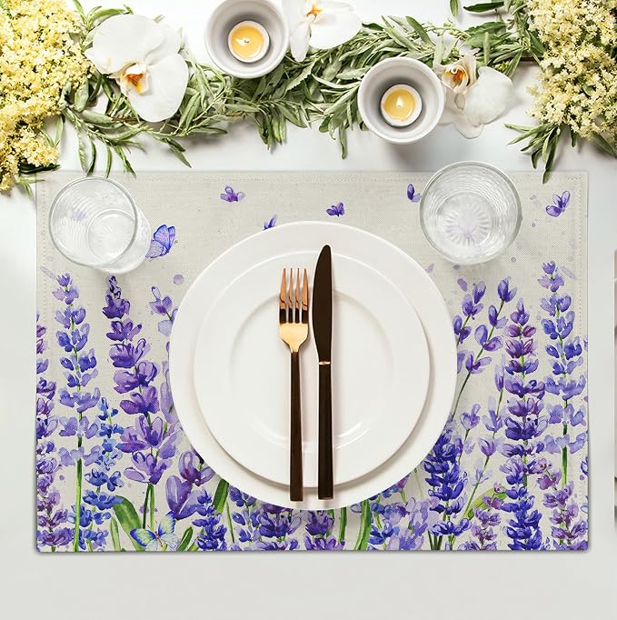 Lavender Placemats Set of 4 Purple Flower Butterfly Linen Fabric Table Mats Seasonal Spring Summer Rustic Floral Placemat Farmhouse Decorative Washable Place Mats for Home Kitchen Dining Table