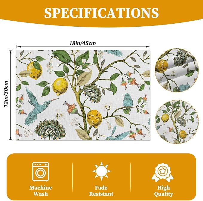 Lemon Tree Blue Bird Flower Placemats Set of 4 Seasonal Washable Linen Cotton Table Mats for Party Kitchen Dining Decoration 12x18 Inch