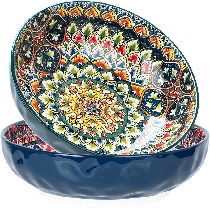75 Oz Serving Bowls,Bohemian Style Large Porcelain Dishes for Entertaining Parties,Big Bowls for Eating Soup, Salad, Pasta, Fruit, Chips, 10.3 Inch Diameter (blue.green)